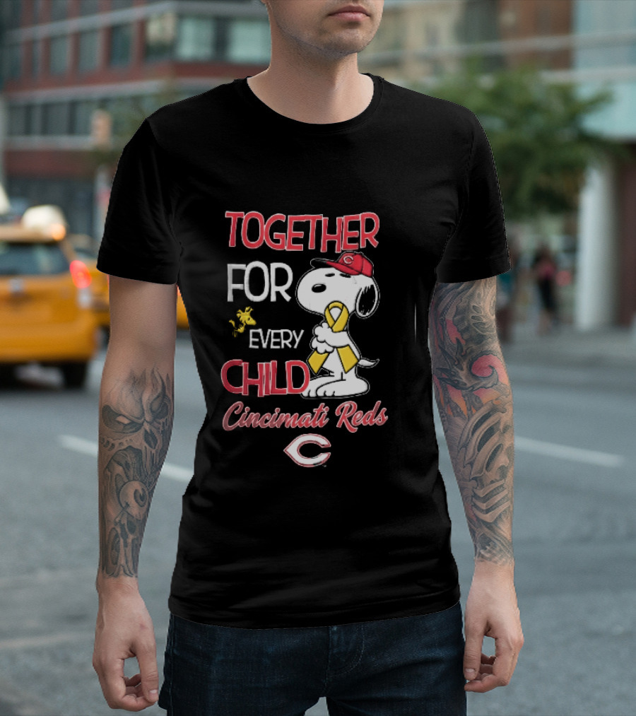 TOGETHER FOR EVERY CHILD Cincinnati Reds Snoopy Woodstock Yellow Ribbon T-Shirt