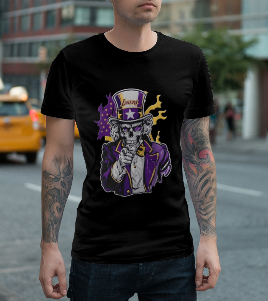 Los Angeles Lakers Skeleton Uncle Sam Purple Flames T-Shirt