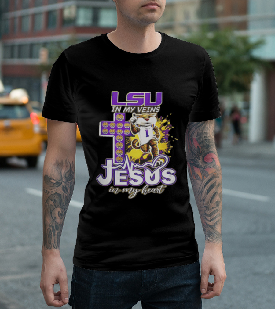 LSU In My Veins Jesus In My Heart Tiger Purple Cross EKG T-Shirt
