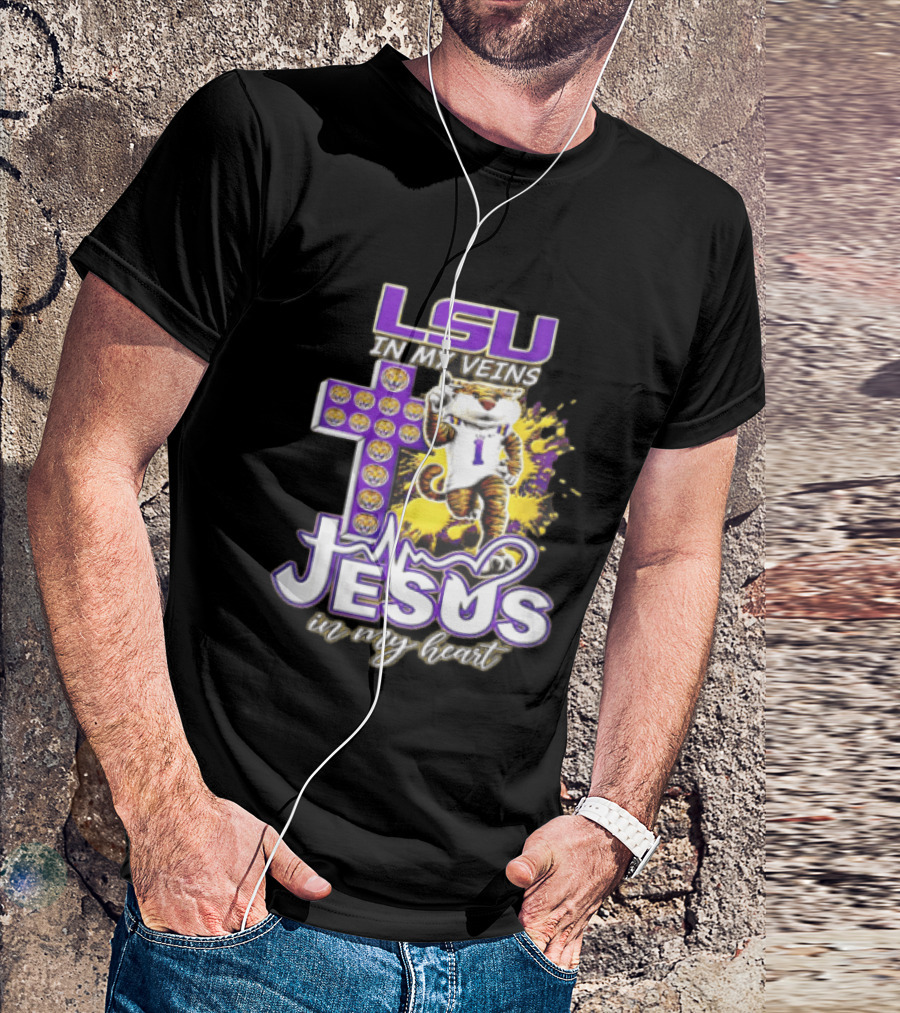 LSU In My Veins Jesus In My Heart Tiger Purple Cross EKG T-Shirt