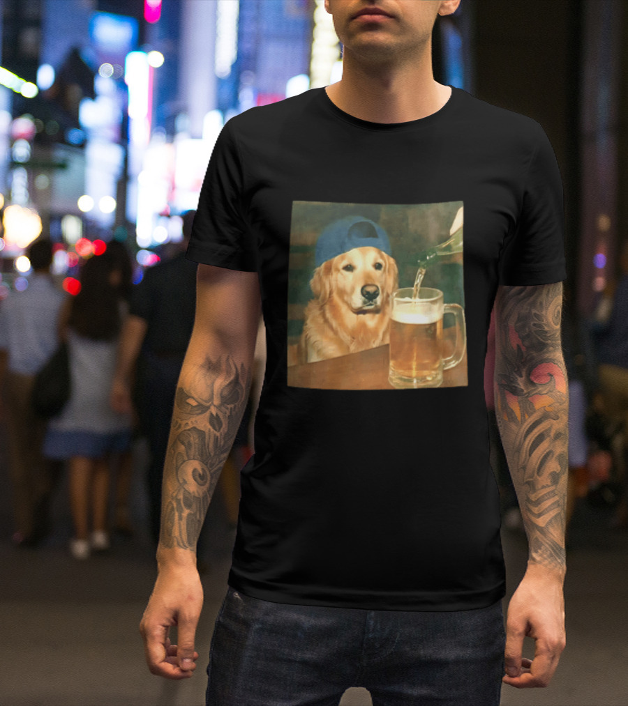 Golden Retriever Backward Cap Beer Pouring Scene T-Shirt