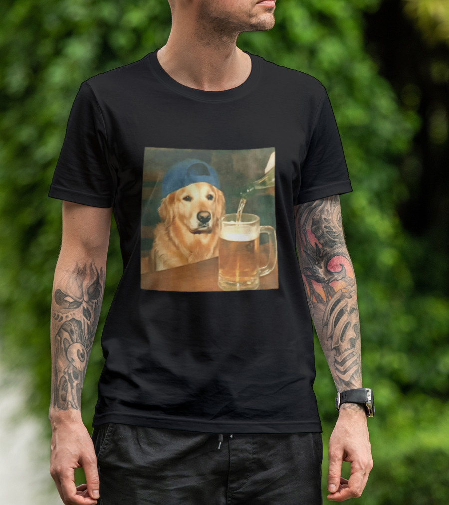 Golden Retriever Backward Cap Beer Pouring Scene T-Shirt