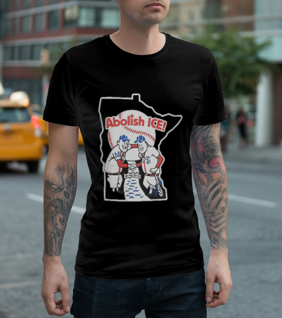 Minnesota Twins Abolish ICE Cartoon Players Shaking Hands River State T-Shirt