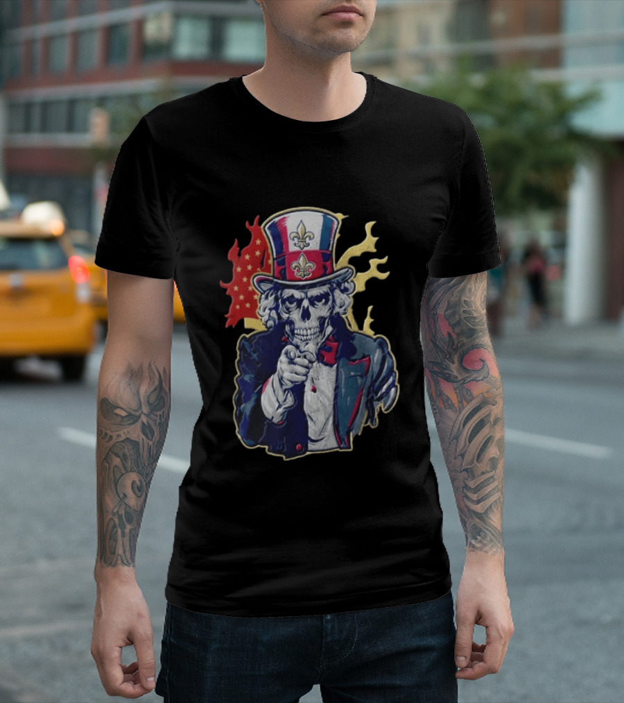New Orleans Pelicans Skeleton Uncle Sam Pointing American Flag Fleur De Lis T-Shirt