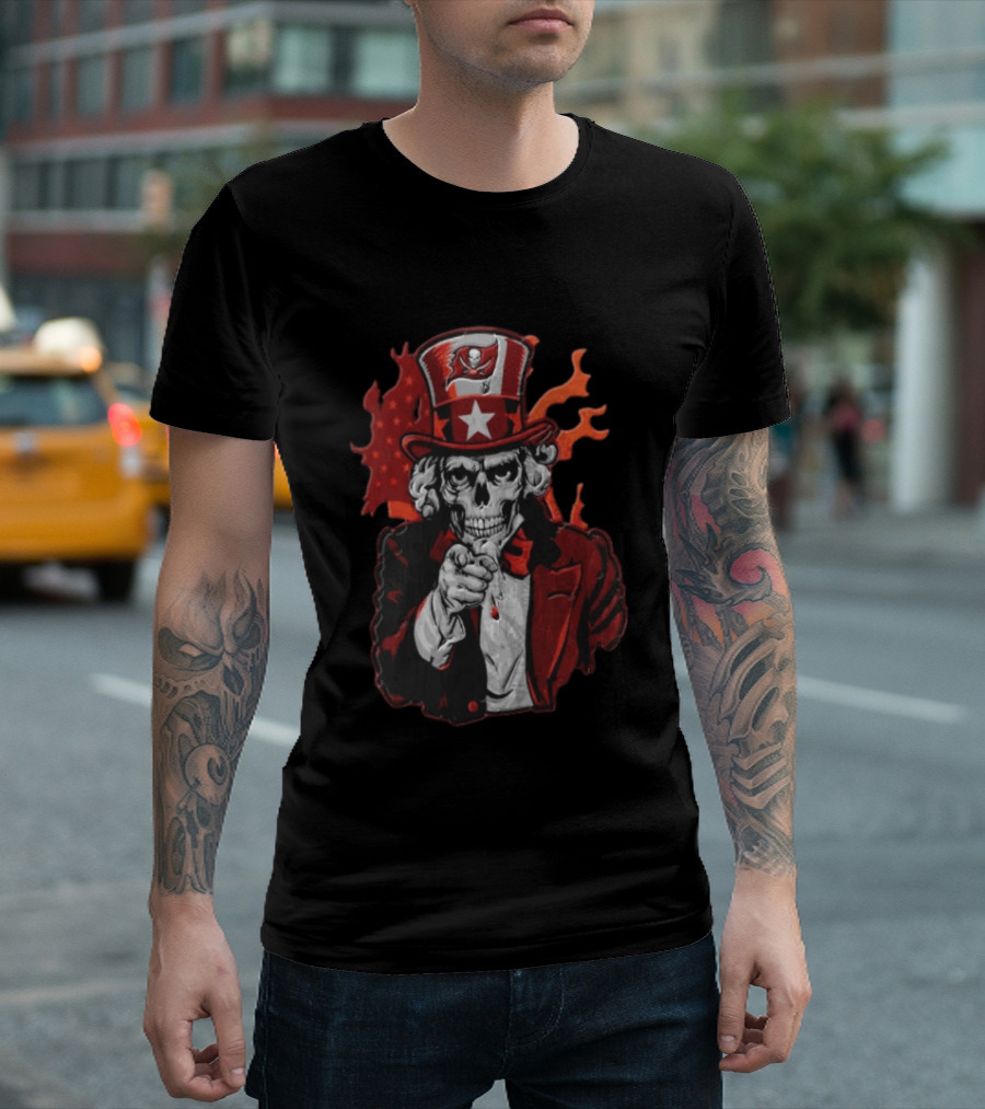 Tampa Bay Buccaneers Uncle Sam Skull American Flag Flames T-Shirt