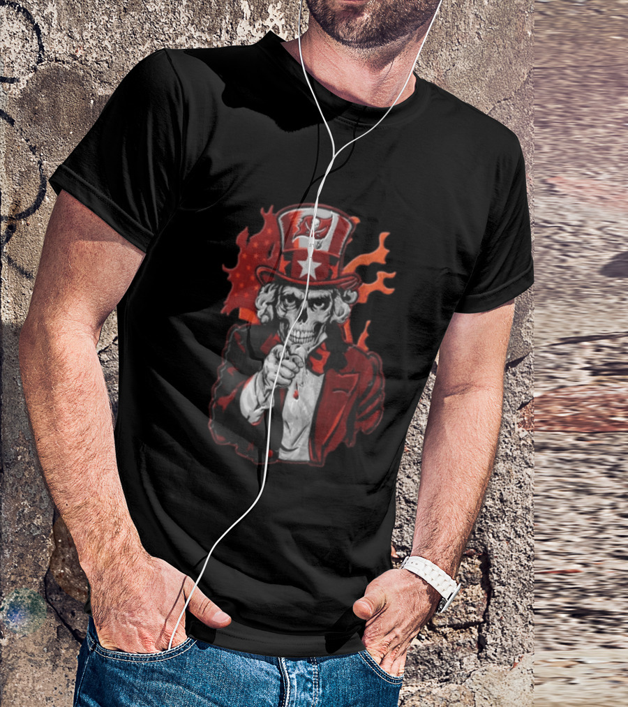 Tampa Bay Buccaneers Uncle Sam Skull American Flag Flames T-Shirt