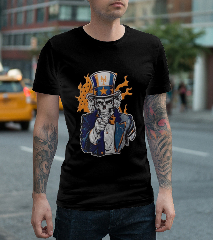 New York Mets Uncle Sam Skeleton Top Hat Stars Flames T-Shirt