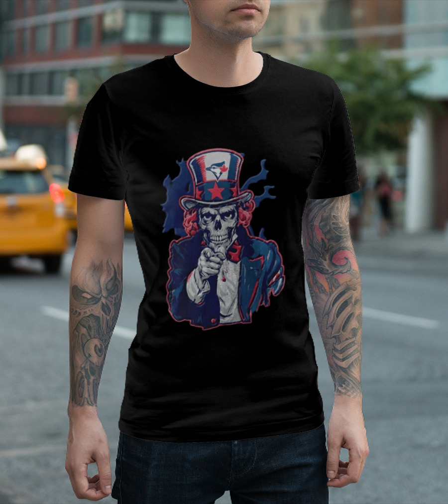 Toronto Blue Jays Skeleton Uncle Sam Pointing American Flag Bird Head Maple Leaf T-Shirt