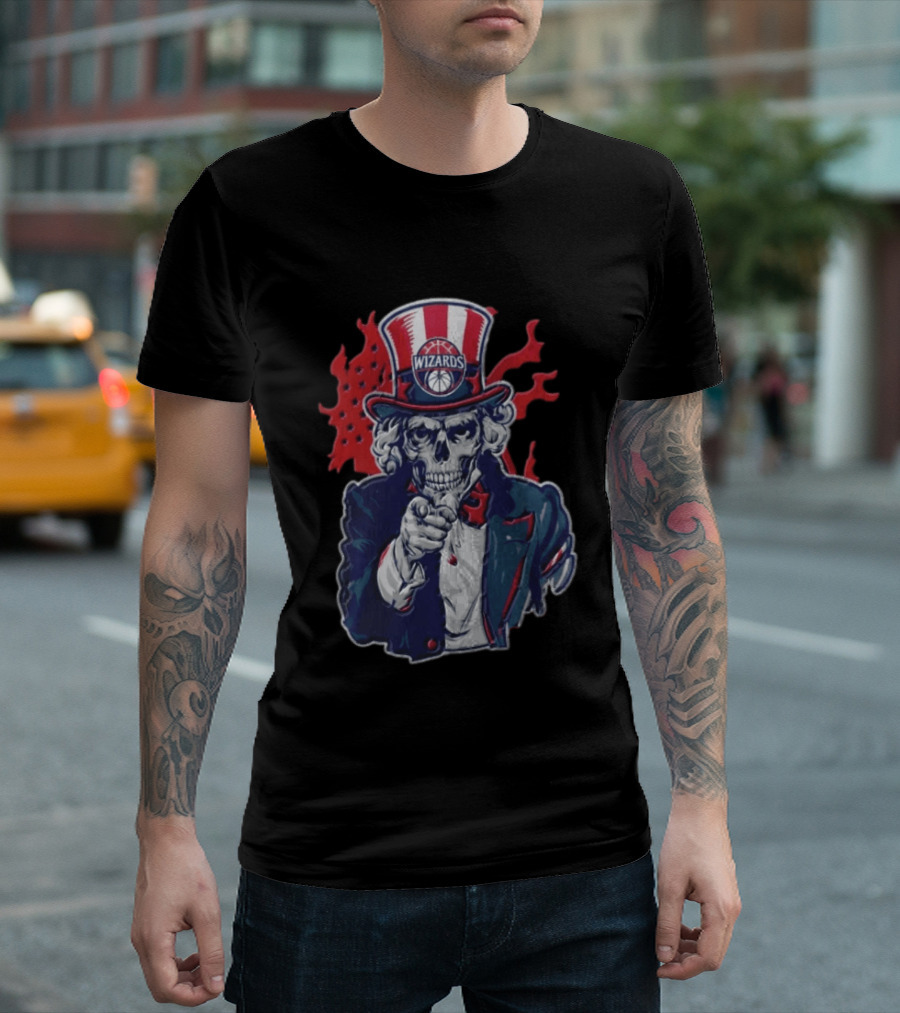 Washington Wizards Skeleton Uncle Sam Pointing Flames American Flag T-Shirt