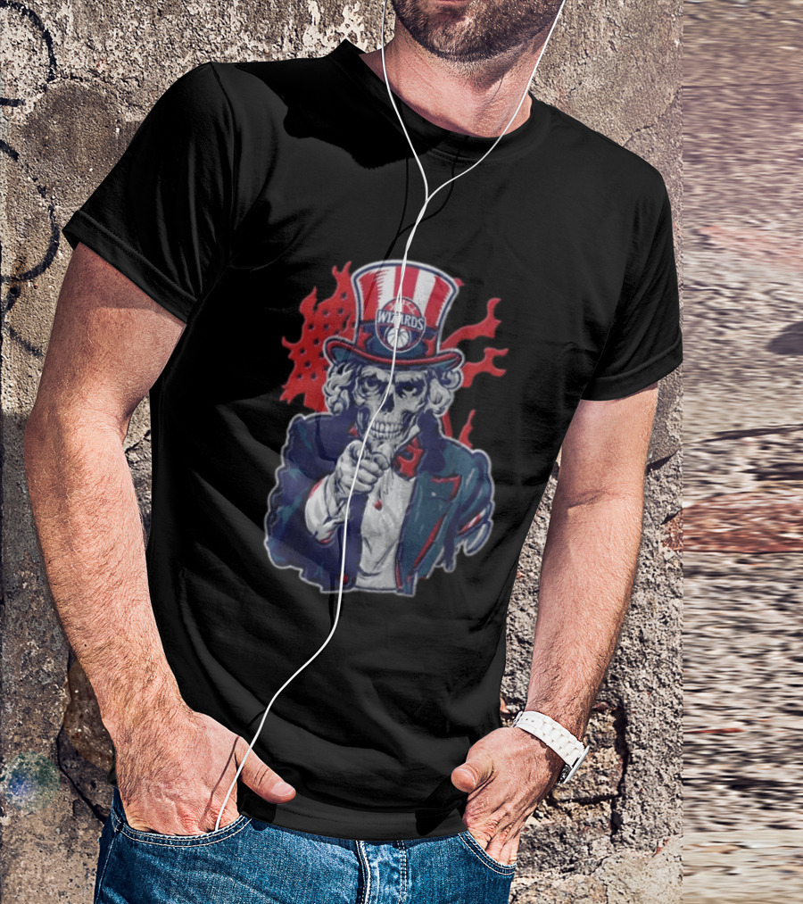 Washington Wizards Skeleton Uncle Sam Pointing Flames American Flag T-Shirt