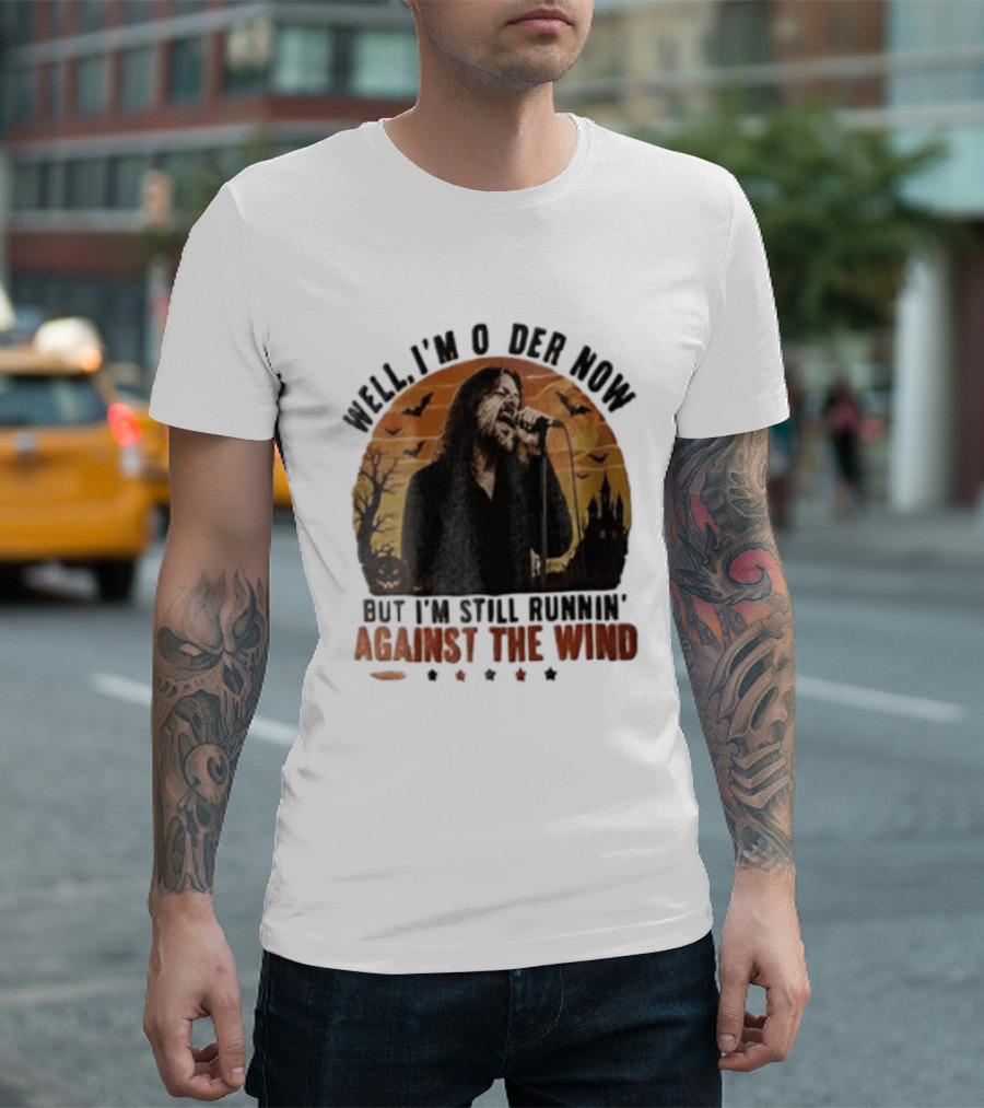 Well I'm Older Now But I'm Still Runnin' Against The Wind Bearded Singer Halloween Sunset Castle T-Shirt