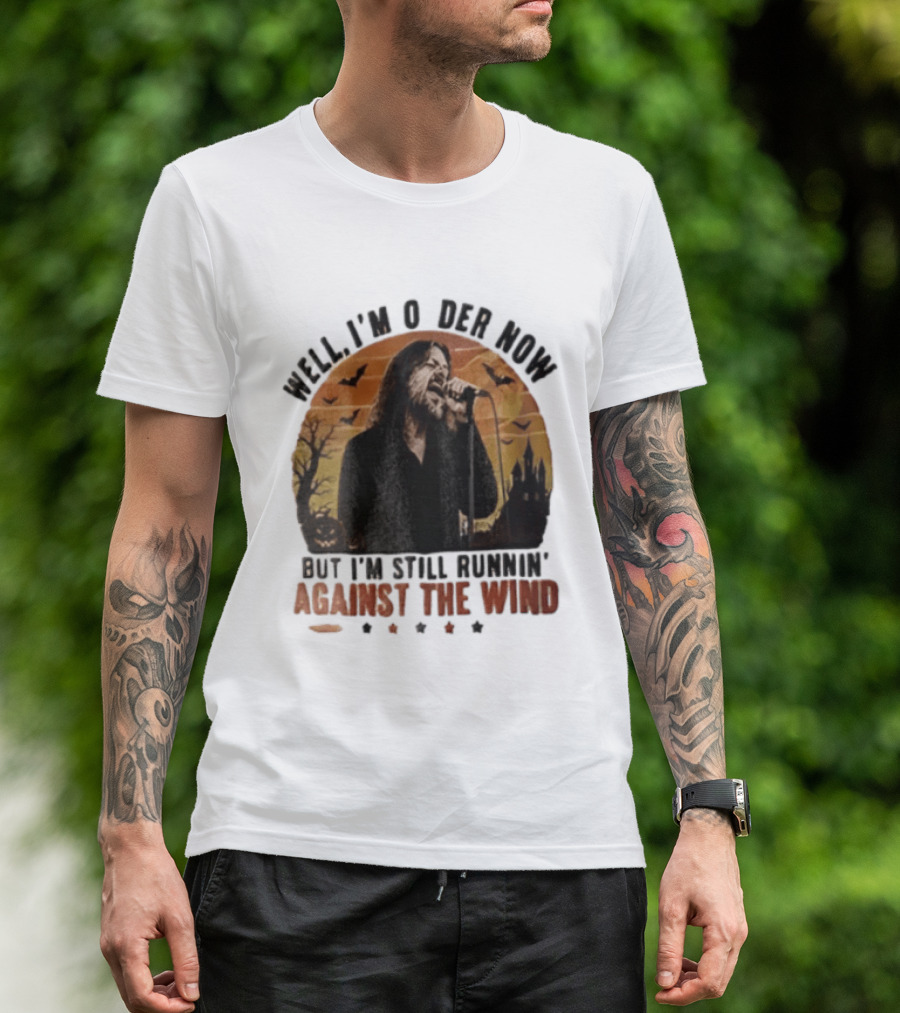 Well I'm Older Now But I'm Still Runnin' Against The Wind Bearded Singer Halloween Sunset Castle T-Shirt