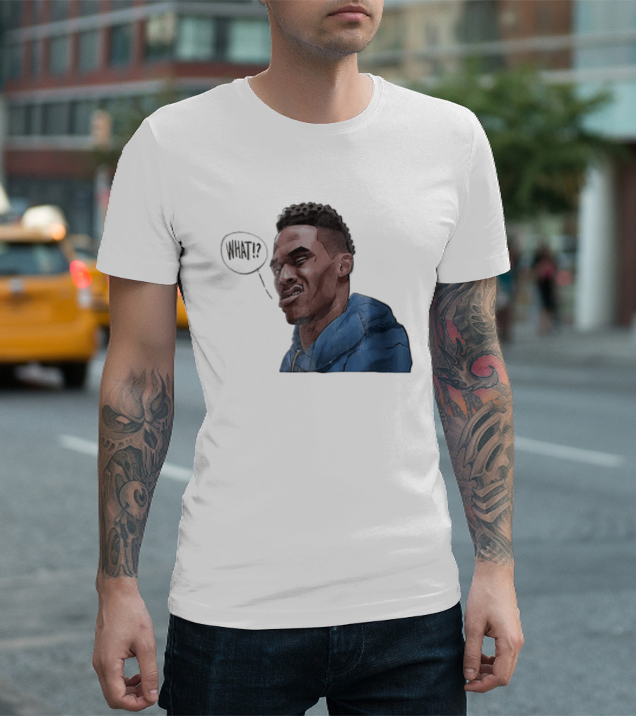 Russell Westbrook Cartoon Caricature Confused Face What Speech Bubble Blue T-Shirt
