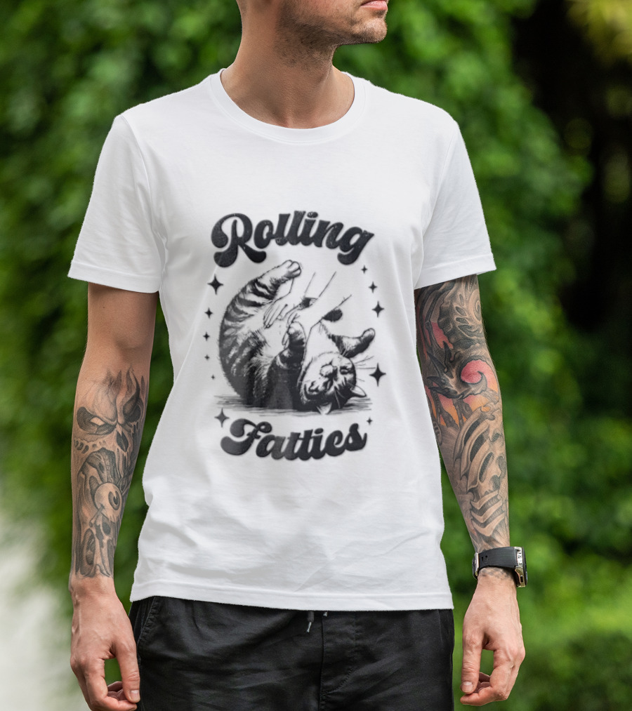 Rolling Fatties Chubby Tabby Cat Belly Rub Stars Line T-Shirt