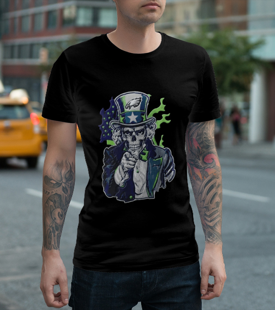 Philadelphia Eagles Uncle Sam Skull With Flag And Stars T-Shirt