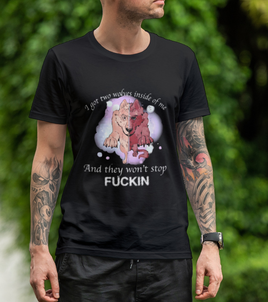 I Got Two Wolves Inside Of Me And They Wont Stop Fuckin Cartoon Split Wolf Pastel Cloud Funny Humor T-Shirt