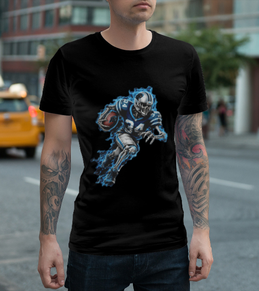 Carolina Panthers Skeleton Running Back 34 Blue Flames Football T-Shirt