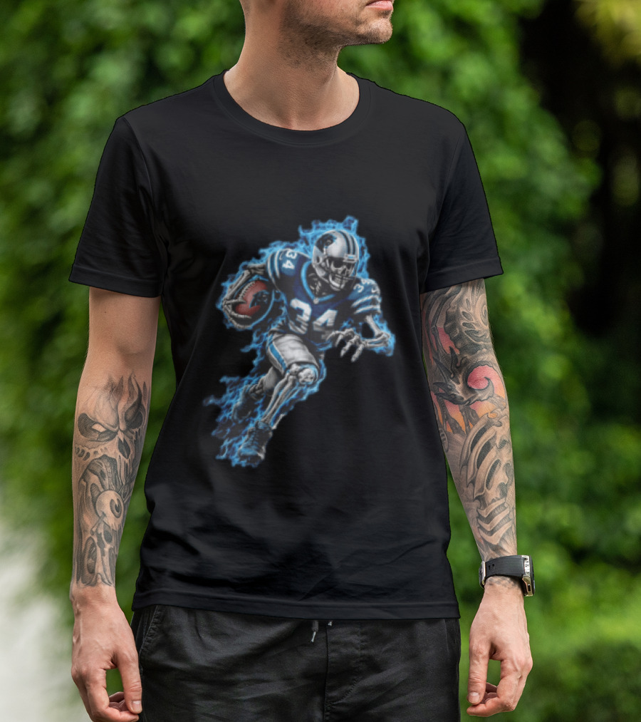 Carolina Panthers Skeleton Running Back 34 Blue Flames Football T-Shirt