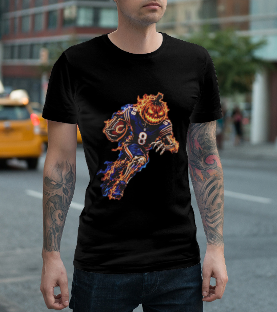 Chicago Bears Flaming Pumpkin Skeleton Football Running Halloween Scary Sports Fan T-Shirt