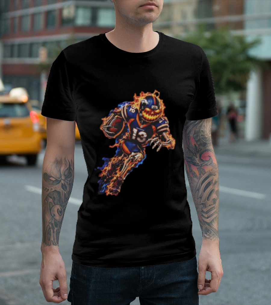 Denver Broncos Fiery Pumpkin Head Skeleton Football Player T-Shirt