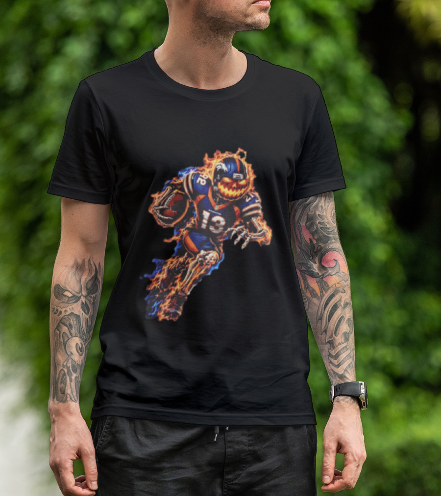 Denver Broncos Fiery Pumpkin Head Skeleton Football Player T-Shirt