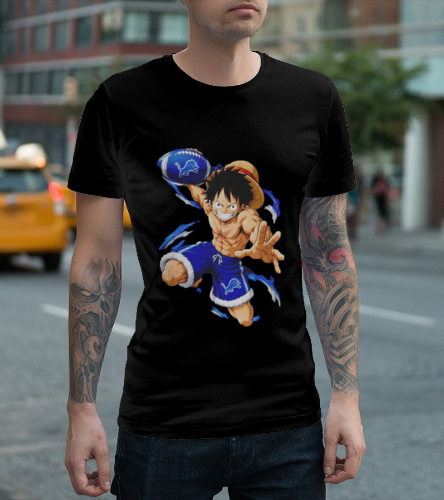 Detroit Lions Luffy Anime Football Action Pose T-Shirt