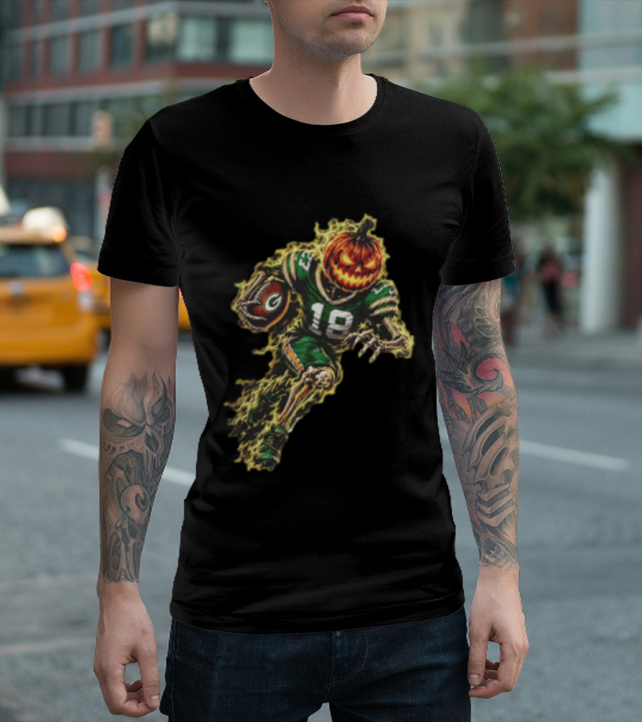 Green Bay Packers Halloween Pumpkin Head Skeleton Football Player Running T-Shirt