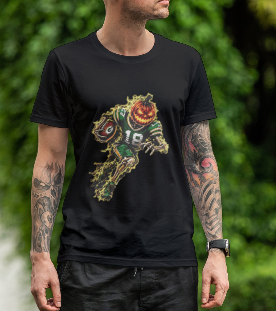 Green Bay Packers Halloween Pumpkin Head Skeleton Football Player Running T-Shirt