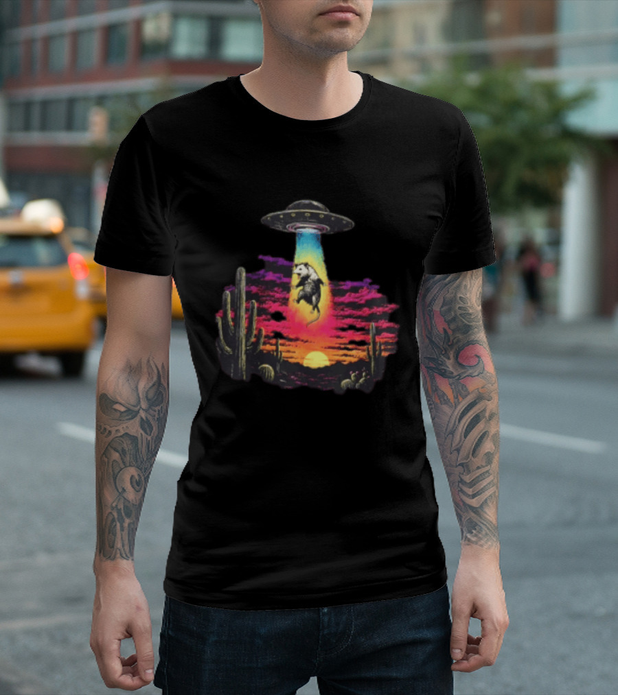 UFO Opossum Abduction In Desert Sunset Scene With Cacti And Colorful Sky T-Shirt
