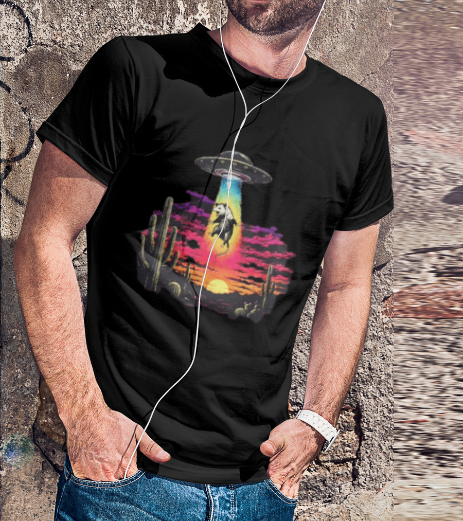 UFO Opossum Abduction In Desert Sunset Scene With Cacti And Colorful Sky T-Shirt