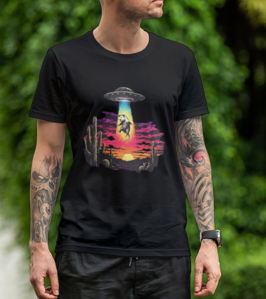 UFO Opossum Abduction In Desert Sunset Scene With Cacti And Colorful Sky T-Shirt
