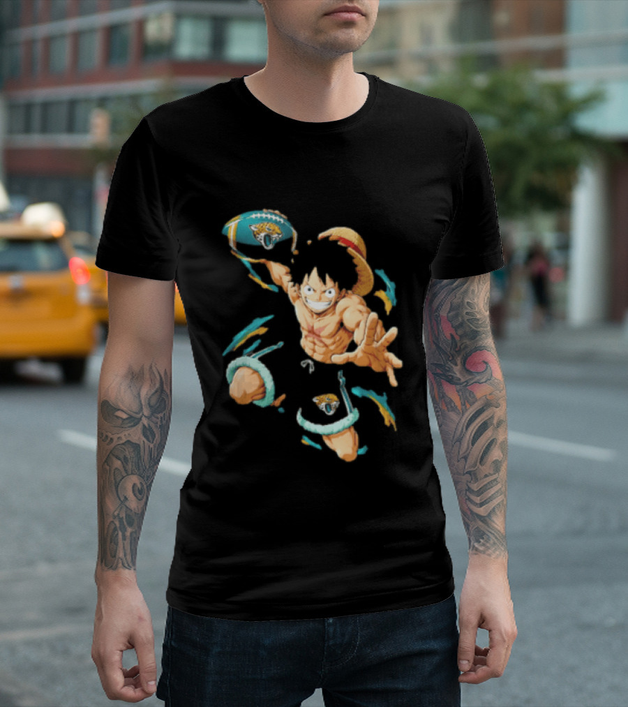 Jacksonville Jaguars Anime Character With Straw Hat Throwing Football T-Shirt
