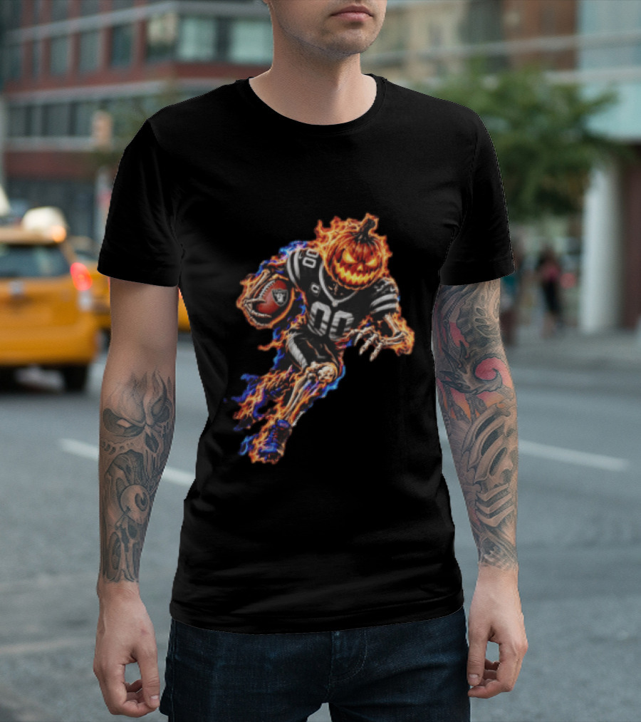 Las Vegas Raiders Flaming Pumpkin Skeleton Football Player Halloween T-Shirt