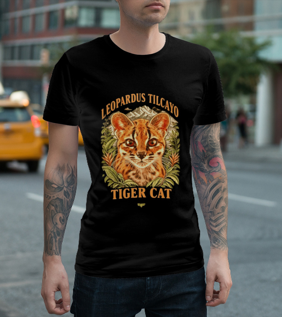 Leopardus Tilcayo Tiger Cat Wildlife Art With Foliage And Mountain T-Shirt