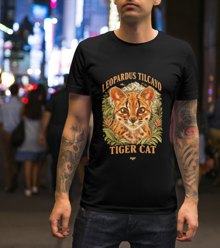 Leopardus Tilcayo Tiger Cat Wildlife Art With Foliage And Mountain T-Shirt