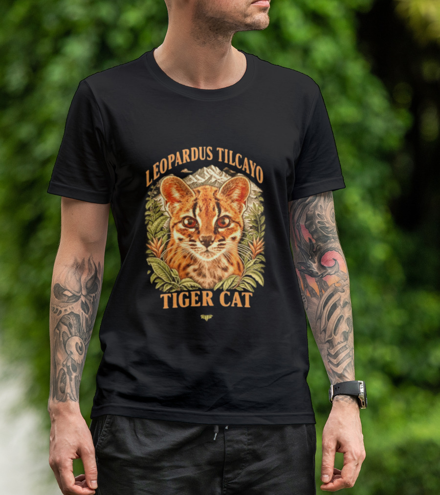 Leopardus Tilcayo Tiger Cat Wildlife Art With Foliage And Mountain T-Shirt