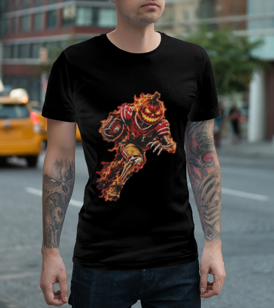 San Francisco 49ers Halloween Fiery Pumpkin Head Skeleton Football Player T-Shirt