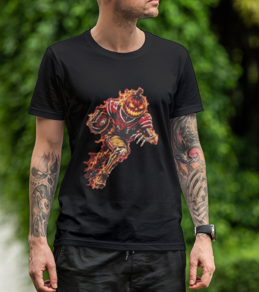 San Francisco 49ers Halloween Fiery Pumpkin Head Skeleton Football Player T-Shirt