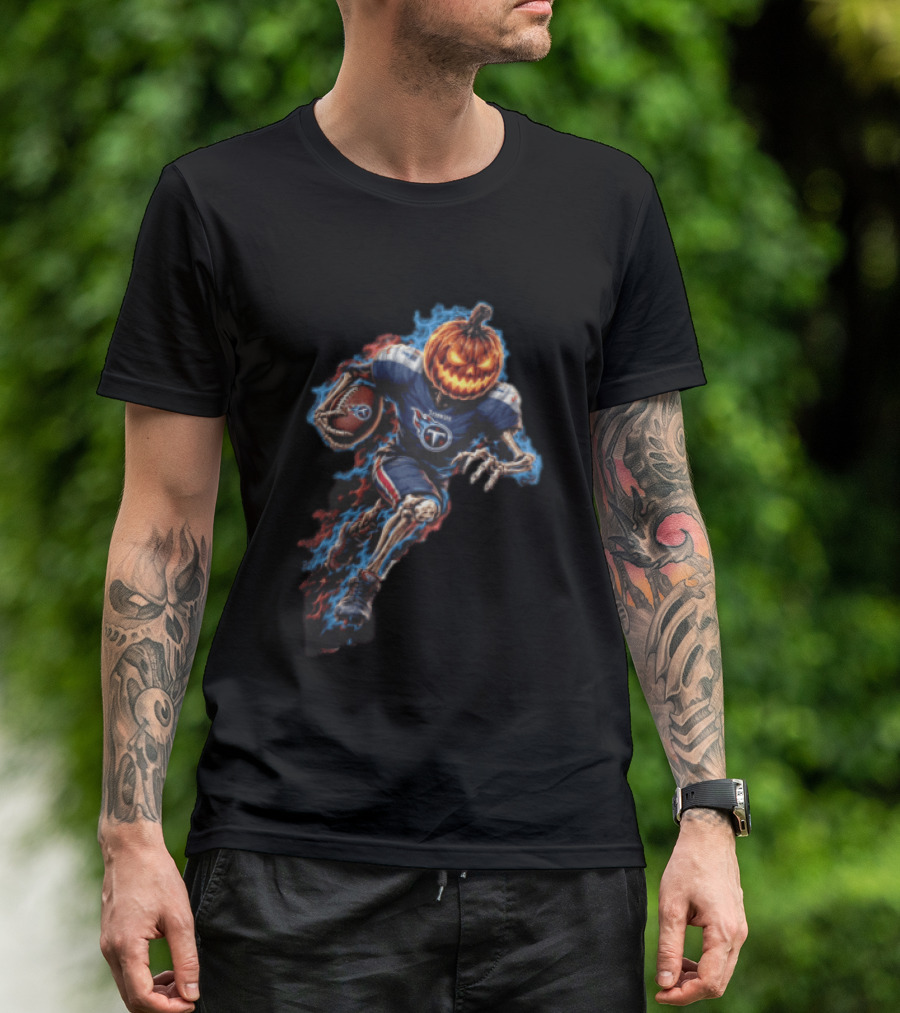 Tennessee Titans Pumpkin Head Skeleton Football Player Blue Flames Halloween NFL T-Shirt