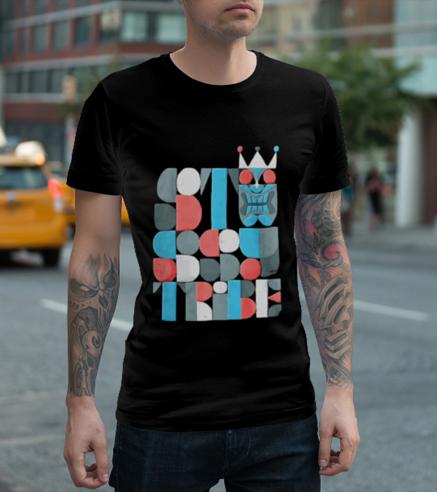 Tribe Crowned Tiki Mask Geometric Color Block T-Shirt