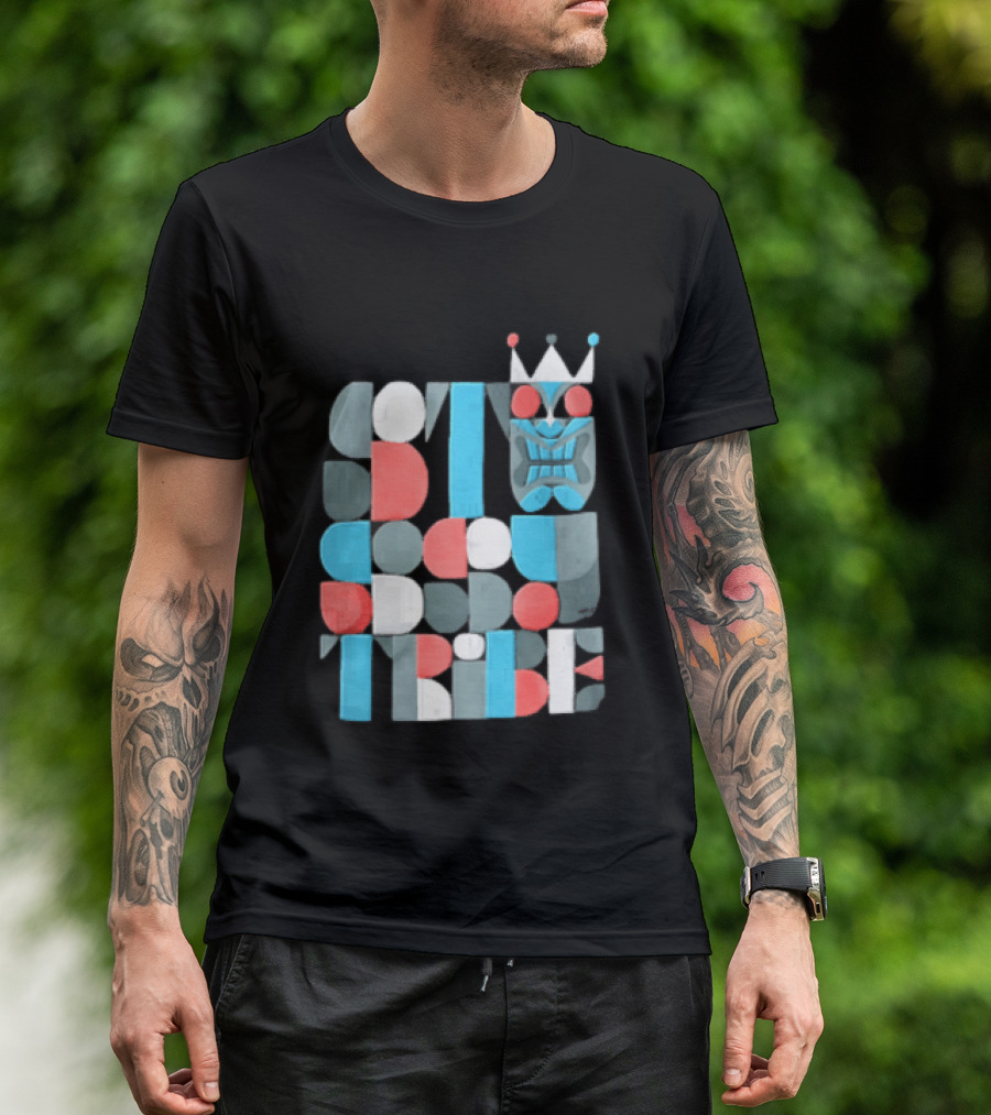 Tribe Crowned Tiki Mask Geometric Color Block T-Shirt