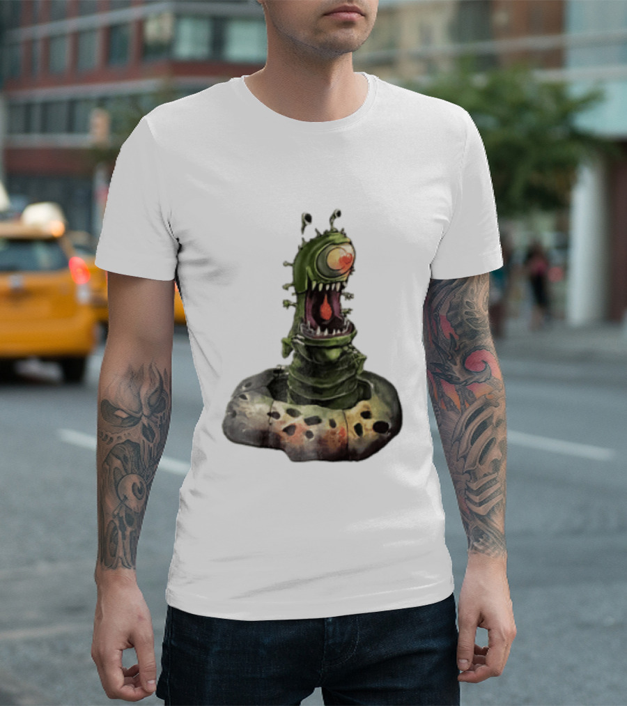 Cartoon Monstrous One Eyed Green Creature Emerging From Ground Hole T-Shirt