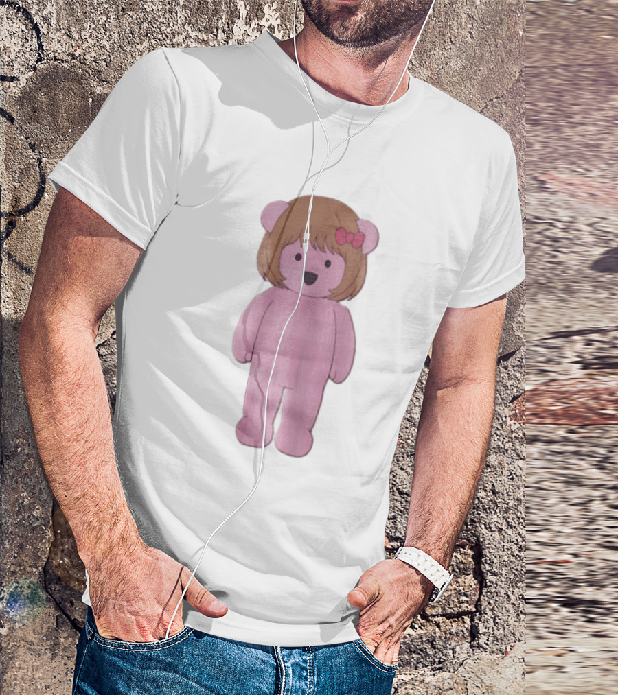 Cartoon Pink Bear With Brown Bob Haircut And Red Ribbon Bow T-Shirt