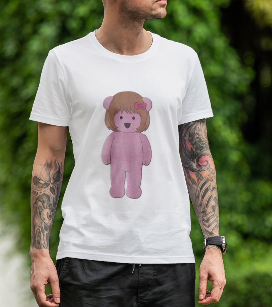 Cartoon Pink Bear With Brown Bob Haircut And Red Ribbon Bow T-Shirt