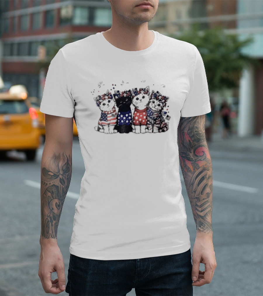 Four Patriotic Watercolor Kittens Fireworks Celebration Red White Blue T-Shirt