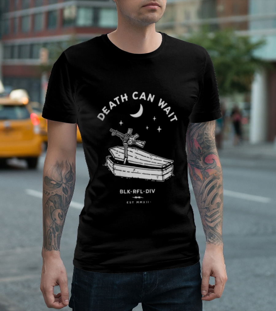 Death Can Wait Coffin Skeleton Hand BLK RFL DIV 2012 Moon Stars T-Shirt