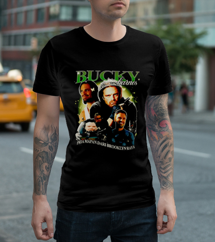 Bucky Barnes Sebastian Stan Pria Mapan Dari Brooklyn Raya Multiple Photos Crown Marvel T-Shirt