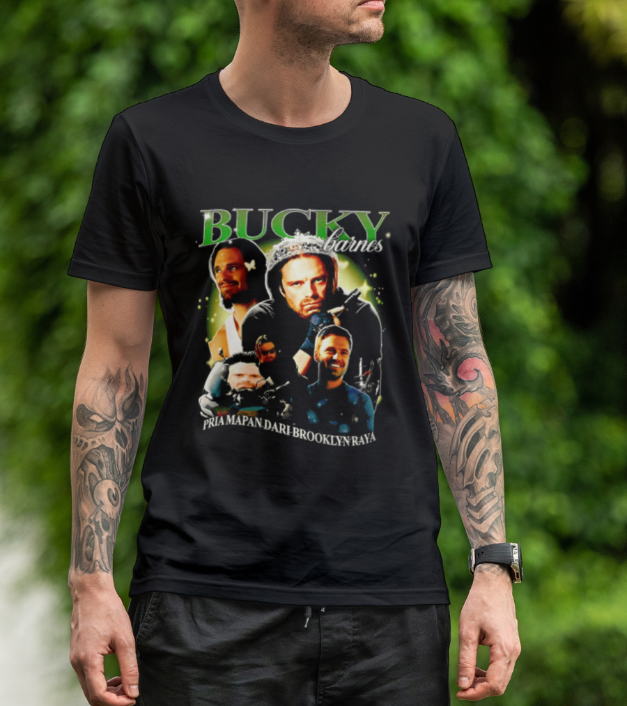 Bucky Barnes Sebastian Stan Pria Mapan Dari Brooklyn Raya Multiple Photos Crown Marvel T-Shirt