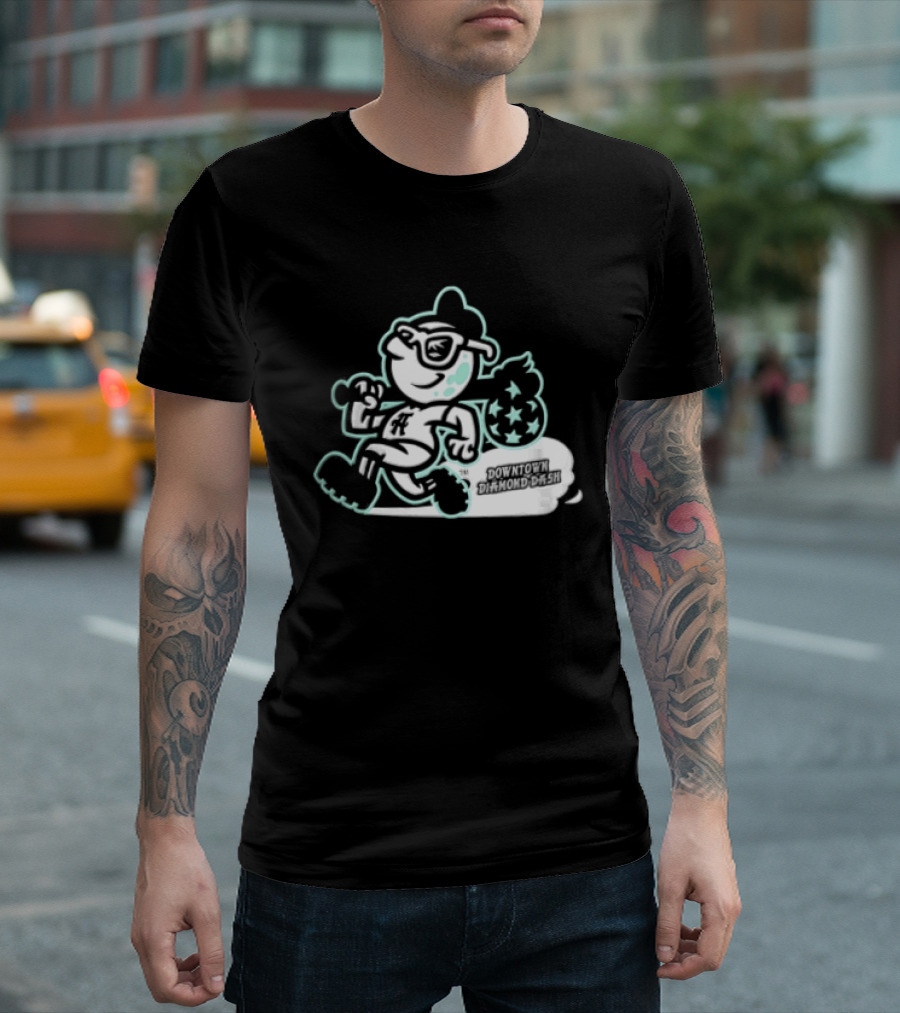 Downtown Diamond Dash Baseball Cartoon Character Running Carrying Star Bag T-Shirt