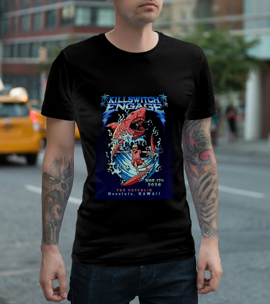 Killswitch Engage Honolulu Hawaii 2026 Event With Shark And Skeleton Surfing At The Republik November 17 T-Shirt